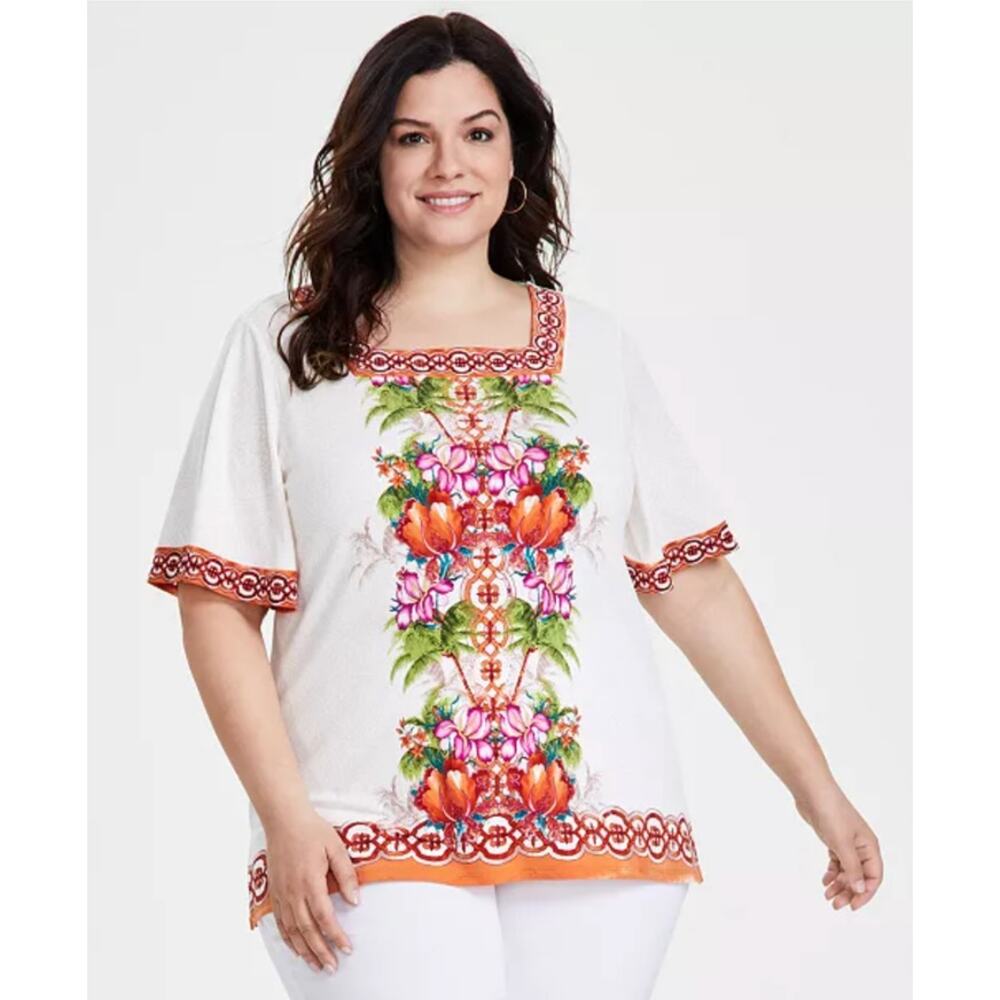 JM Collection Julia Jungle Cream Square-Neck Short Bell Sleeves Top Plus Size 1X